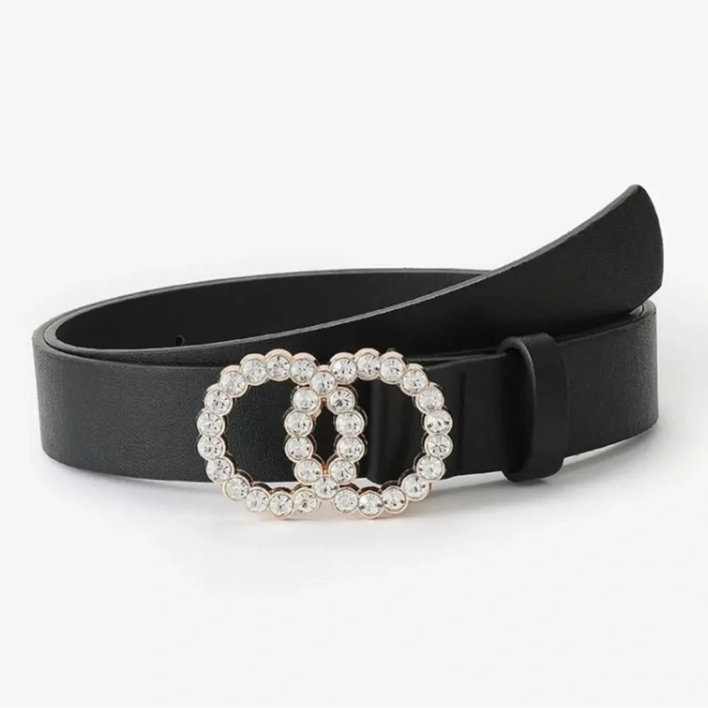 Vegan Faux‎ Leather Double Circle Rhinestone Glitz Belt